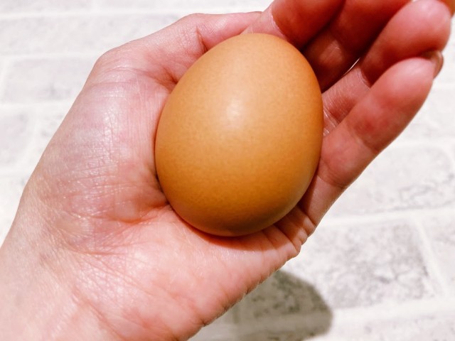 Mサイズの卵を手に乗せた様子
